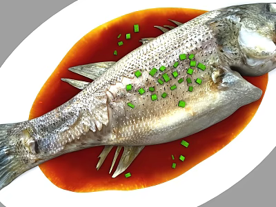 Whole Cooked Fish Served On White Plate With Red Sauce And Green Scallions 3d model Whole Cooked Fish Served On White Plate With Red Sauce And Green Scallions 3d model