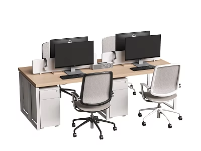 Modern Office Desk Setup With Dual Computer Monitors And Ergonomic Chairs 3d model