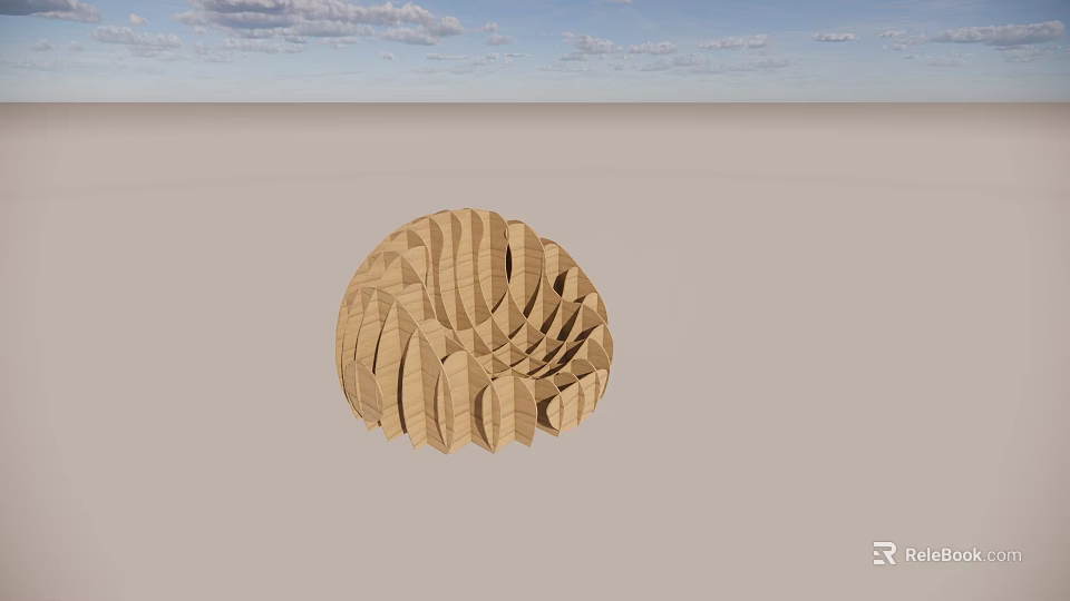 Wooden Shell Shaped Single Seater Sofa With Wavy Texture In Light Colored Space 3d model