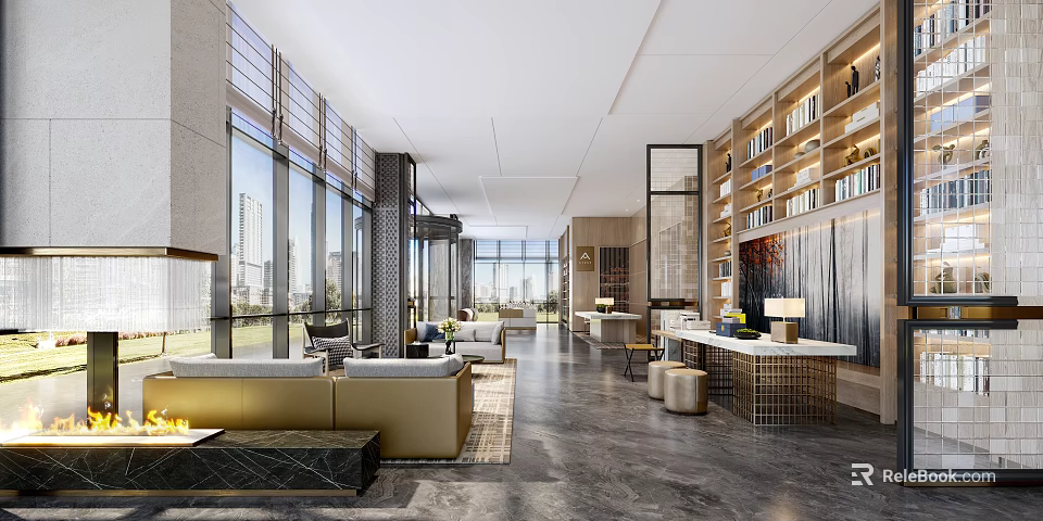 Spacious Modern Hotel Lobby Interior With Large Windows Wooden Bookshelves And Comfortable Sofas 3d model 