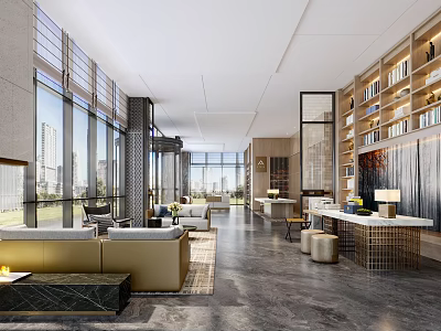 Spacious Modern Hotel Lobby Interior With Large Windows Wooden Bookshelves And Comfortable Sofas 3d model