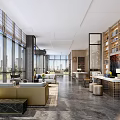 Spacious Modern Hotel Lobby Interior With Large Windows Wooden Bookshelves And Comfortable Sofas
