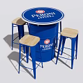 Blue Barrel Shaped Table With PERONI NASTRO AZZURRO Logo And Four Wooden Seat Bar Stools