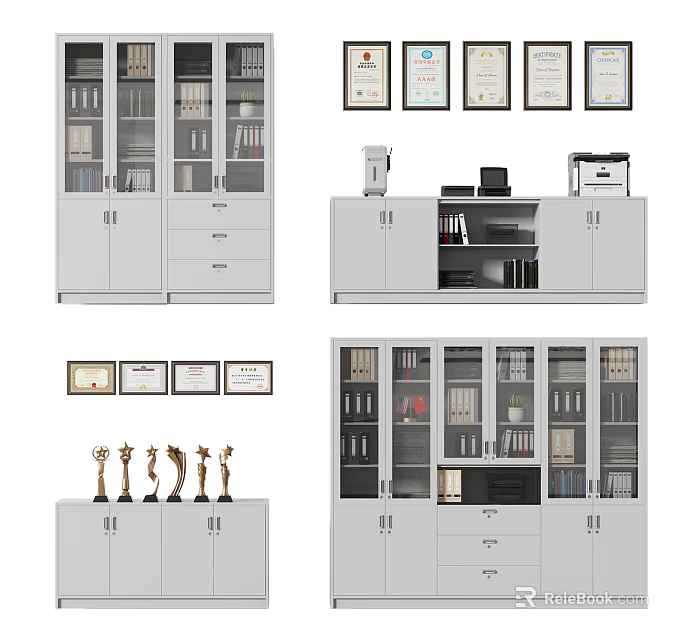 Modern Office Bookcase With Glass Doors Drawers And Storage For Certificates Trophies And Files 3d model 