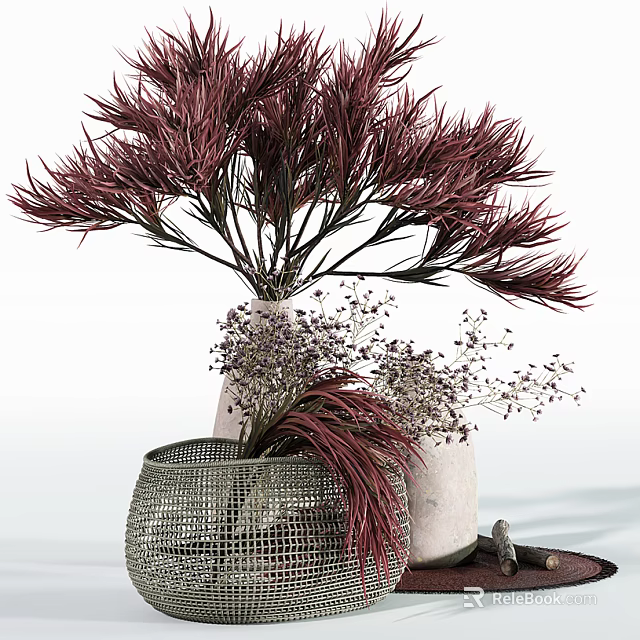 Decorative Ornament Set with Silver Mesh Vase Red Plants White Vase And Purple Small Flowers 3d model 