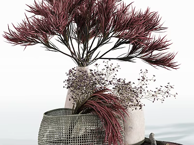 Decorative Ornament Set with Silver Mesh Vase Red Plants White Vase And Purple Small Flowers 3d model