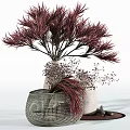 Decorative Ornament Set with Silver Mesh Vase Red Plants White Vase And Purple Small Flowers