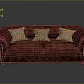 Burgundy Tufted Sofa with Three Beige Cushions Scroll Armrests and Classic Living Room Furniture