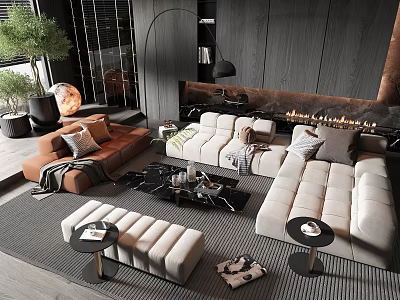 Modern Living Room Sofa And Coffee Table Set With Beige Brown Side Tables And Fireplace 3d model