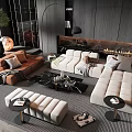 Modern Living Room Sofa And Coffee Table Set With Beige Brown Side Tables And Fireplace