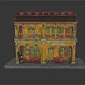 Traditional Chinese Two Story Yellow Building Model With Red Lanterns Tables And Chairs