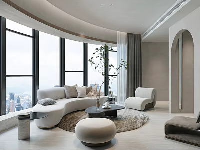 Elegant Modern Living Room Interior With Large Windows City View And Curved Sofa 3d model