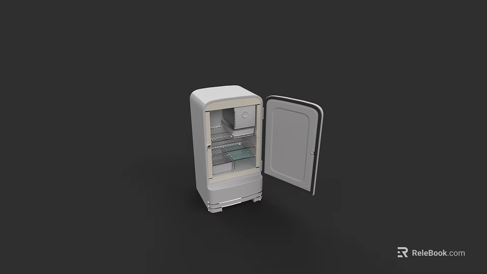White Refrigerator Freezer With Open Door And Interior Shelves On Black Background 3d model 