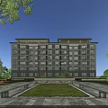 Modern Multi Storey Residential Building Exterior With Lush Greenery And Landscaped Lawn