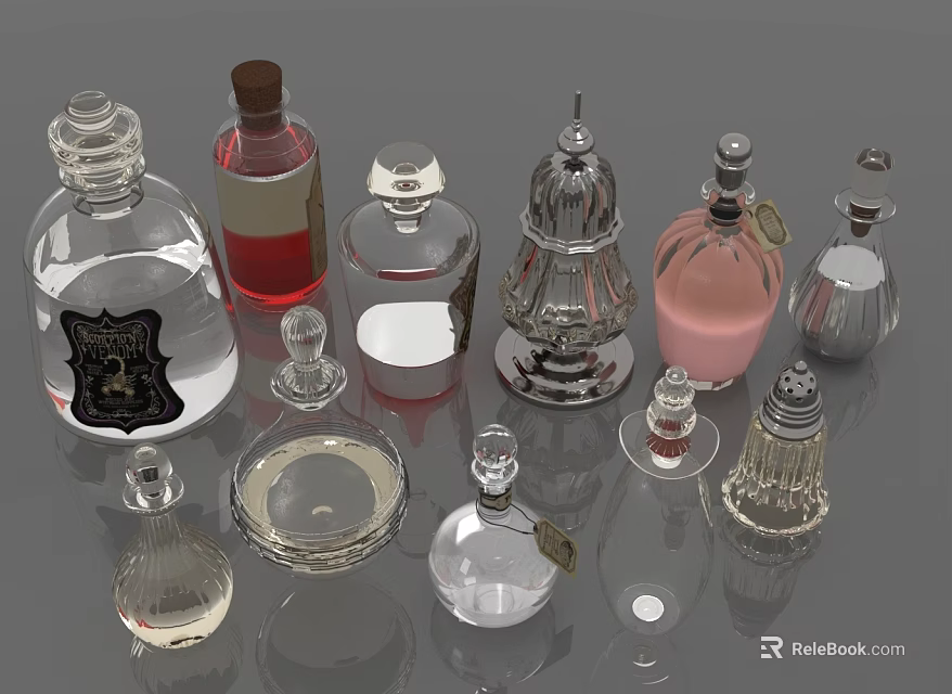 Assorted Glass Bottles With Decorative Designs In Transparent Red And Pink 3d model 
