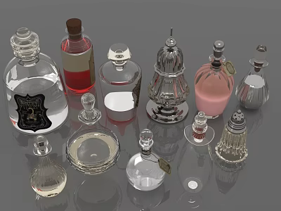 Assorted Glass Bottles With Decorative Designs In Transparent Red And Pink 3d model