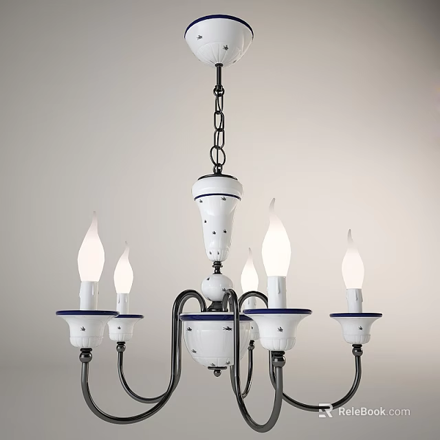 Classic Chandelier With White Blue Design And Candle Shaped Bulbs On Metal Chain 3d model 