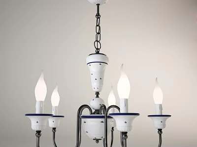 Classic Chandelier With White Blue Design And Candle Shaped Bulbs On Metal Chain 3d model