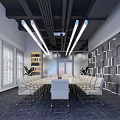 Modern Conference Room with Long Table Chairs Large Projector Screen Geometric Pattern Wall and Windows 3d model