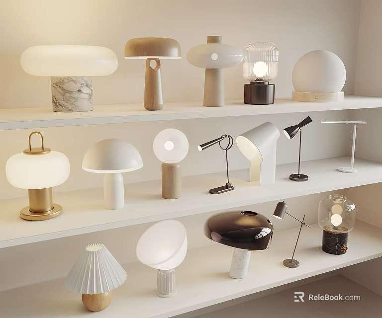 Various Designed Table Lamps with Different Shapes Displayed on White Shelves 3d model 