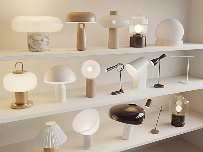 Various Designed Table Lamps with Different Shapes Displayed on White Shelves 3d model