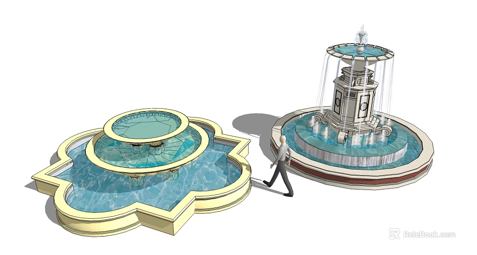 Decorative Multi Tiered Fountain With Petal Shaped Base Tower Structure And Water Jets Pool 3d model 