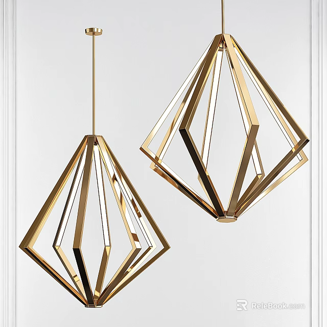 Modern Golden Geometric Pendant Lights With Angular Metallic Frame In White Setting 3d model