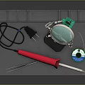 Essential Craft Tools With Magnifying Glass Tweezers Soldering Iron Green Thread Spool On Grey Mat