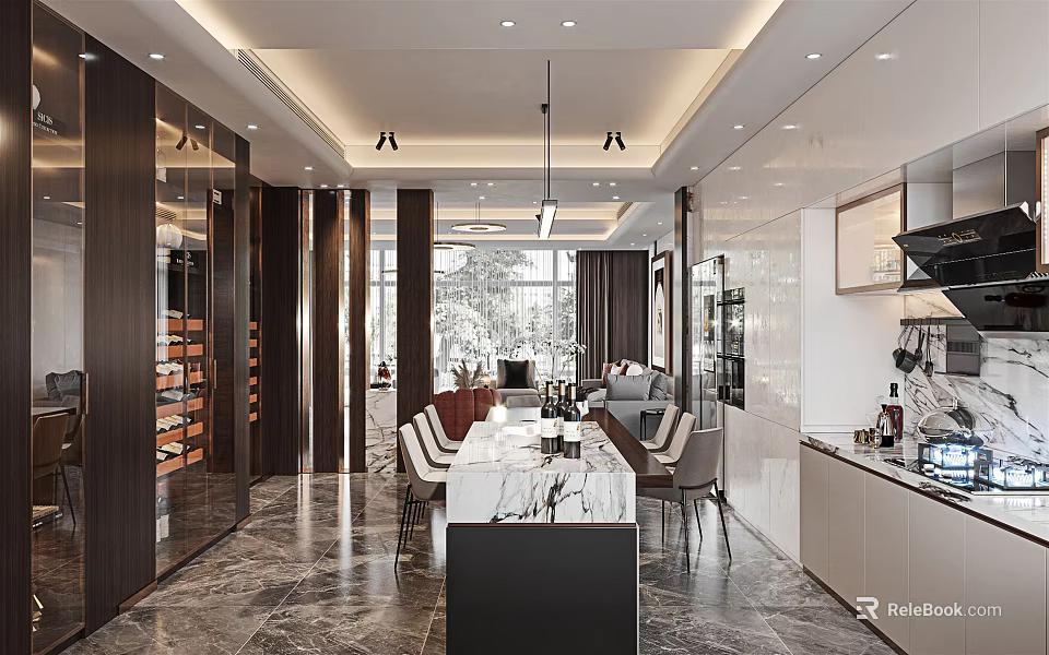 Modern Dining Living Room Interior Design With Marble Dining Table Sofa And Wine Cabinet 3d model 