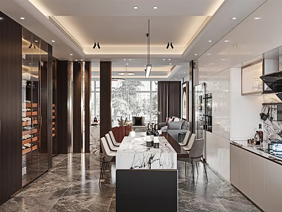 Modern Dining Living Room Interior Design With Marble Dining Table Sofa And Wine Cabinet 3d model