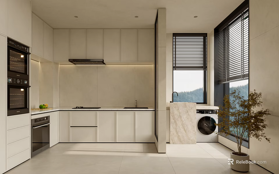 Modern Open Kitchen Interior Design With Island Counter And Cabinets 3d model 