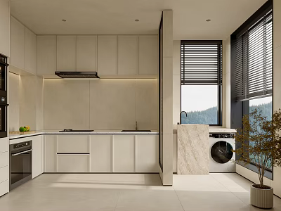Modern Open Kitchen Interior Design With Island Counter And Cabinets 3d model