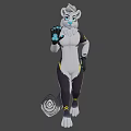 White Fur Anthropomorphic Snow Leopard Game Character With Blue Nose Green Eyes And Waving Hand