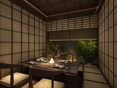 Japanese Restaurant Private Room With Shoji Screens Wooden Ceiling Tatami Flooring And Cozy Natural Atmosphere 3d model