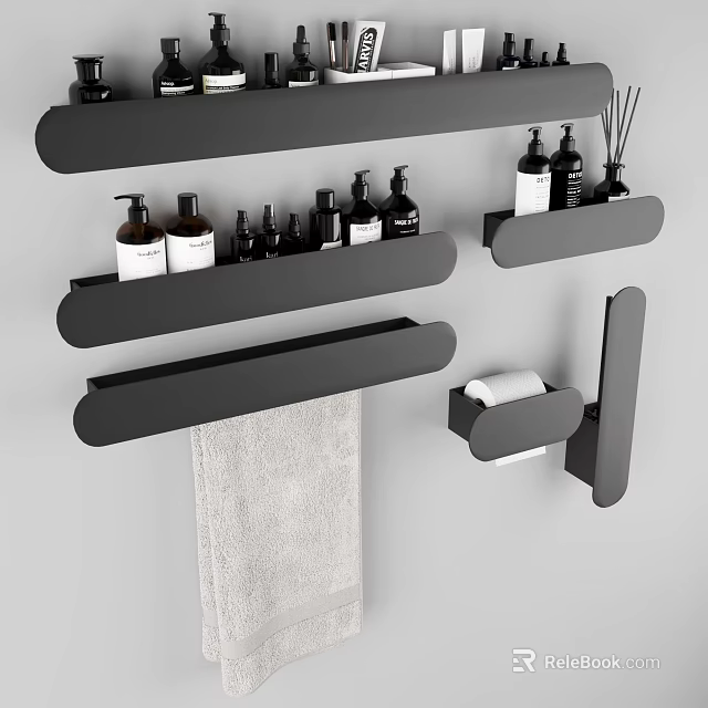 Black Wall Mounted Bathroom Cabinet Shelves with Toiletries Towel Holder and Toilet Paper Holder 3d model 