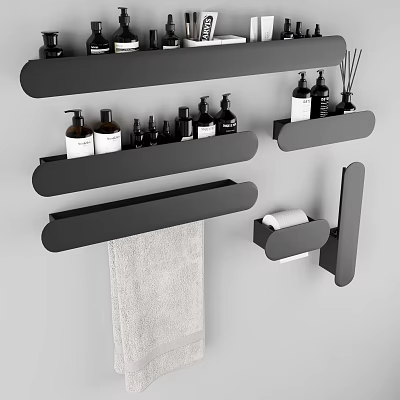 Black Wall Mounted Bathroom Cabinet Shelves with Toiletries Towel Holder and Toilet Paper Holder 3d model