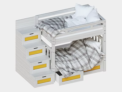 White Bunk Bed Featuring Storage Drawers With Yellow Handles And Plaid Bedding 3d model