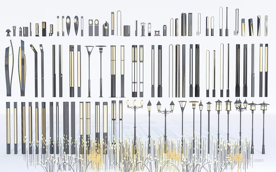 Various Modern Outdoor Lights Featuring Different Garden And Street Lamp Designs 3d model