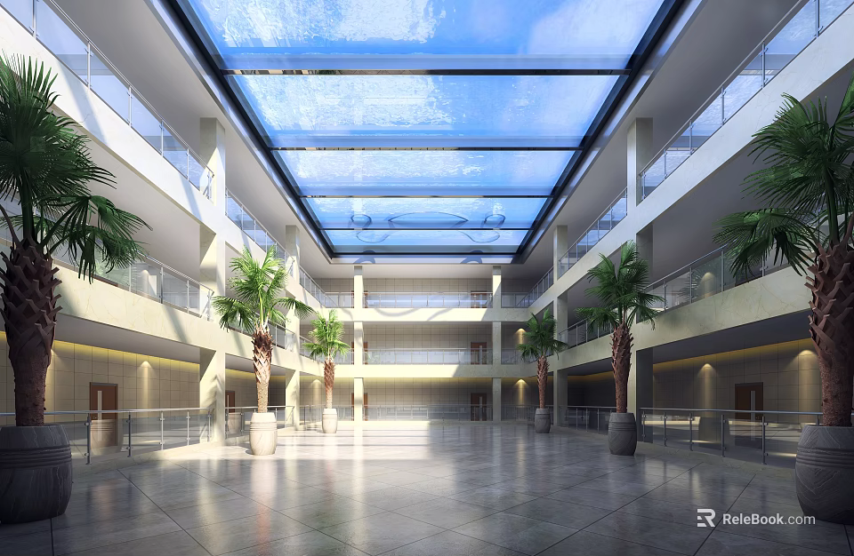 Hotel Lobby Interior Design With Glass Skylight Spacious Space And Palm Trees 3d model 