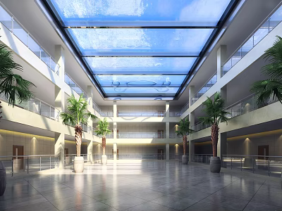 Hotel Lobby Interior Design With Glass Skylight Spacious Space And Palm Trees 3d model