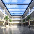 Hotel Lobby Interior Design With Glass Skylight Spacious Space And Palm Trees 3d model