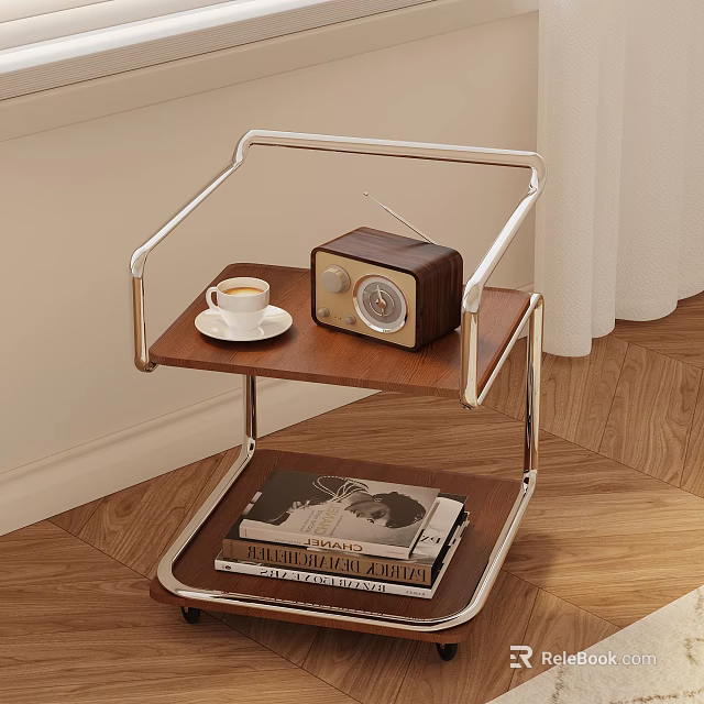 Two Tiered Side Table with Metal Frame Wooden Top Radio Coffee Cup and Books 3d model 