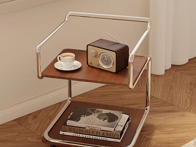 Two Tiered Side Table with Metal Frame Wooden Top Radio Coffee Cup and Books 3d model