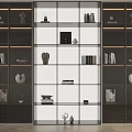 Modern Glass Door Bookcase With Multi Layered Shelves Books And Decorative Sculptures