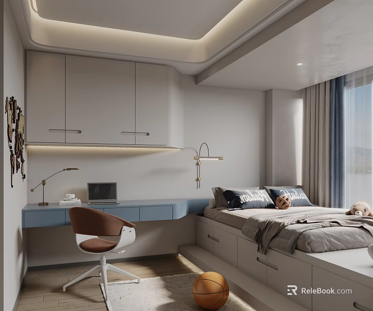 Modern Tatami Bedroom Interior With Tatami Bed Blue Desk Table Lamp And Cabinets 3d model 