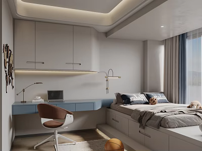 Modern Tatami Bedroom Interior With Tatami Bed Blue Desk Table Lamp And Cabinets 3d model