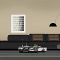Modern Living Room Black Leather Sofa And Marble Coffee Table Set With Brown Cushions