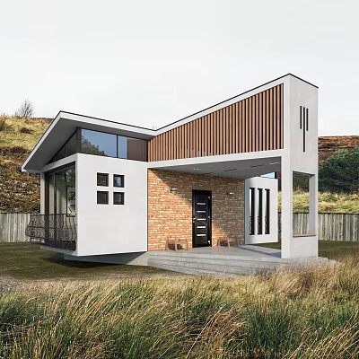 Modern Detached Villa Exterior With Wooden Accents Brick Wall And Large Windows 3d model