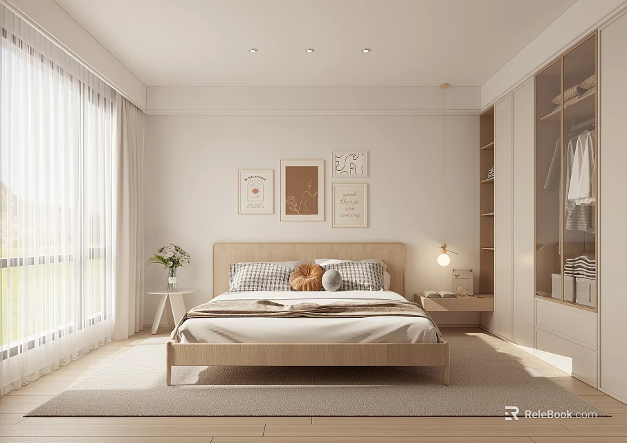 Minimalist Bedroom Interior Featuring Wooden Bed White Curtains Wall Art And Built in Wardrobe 3d model 