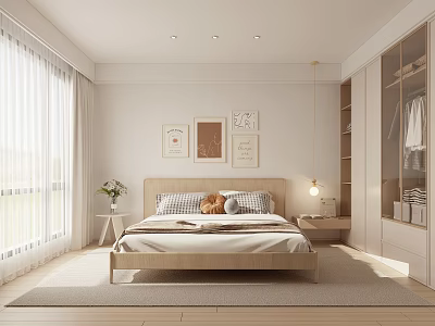 Minimalist Bedroom Interior Featuring Wooden Bed White Curtains Wall Art And Built in Wardrobe 3d model